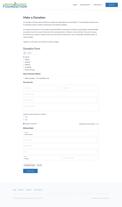Portfolio: Oregon Nurses Foundation Donation Page